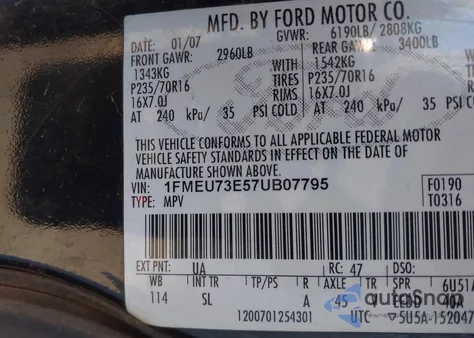 2007 Ford Explorer Xlt z USA, uszkodzony, nr VIN 1FMEU73E57UB07795